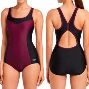 Speedo Black and Burgundy One Piece Swimsuit